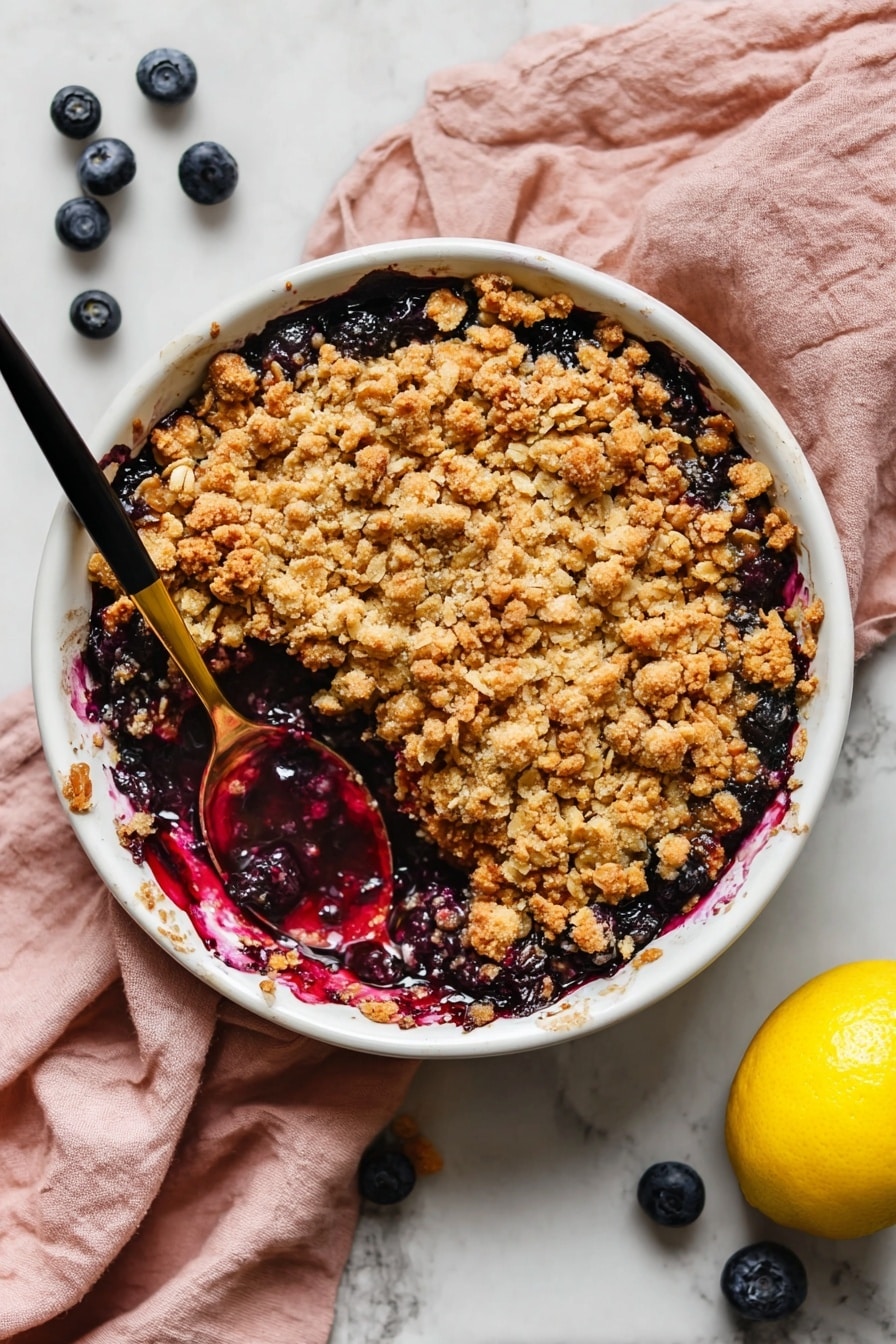 Apple and Blueberry Crumble, fruit crumble recipe, easy berry dessert, baked fruit crisp, cozy fall desserts - The image shows a white round dish filled with a baked blueberry crumble. The dessert has two layers: the bottom layer consists of cooked, glossy, deep blue and purple blueberries mixed with a thick fruit sauce visible where a portion is scooped out, and the top layer is a golden-brown oat crumble with a rough textured surface made of small chunks and scattered oats. A black spoon with a golden tip is placed inside the dish resting in the fruit layer. Around the dish, there is a soft pink cloth on a white marbled surface, a whole yellow lemon, and scattered fresh blueberries. Photo taken with an iphone --ar 2:3 --v 7