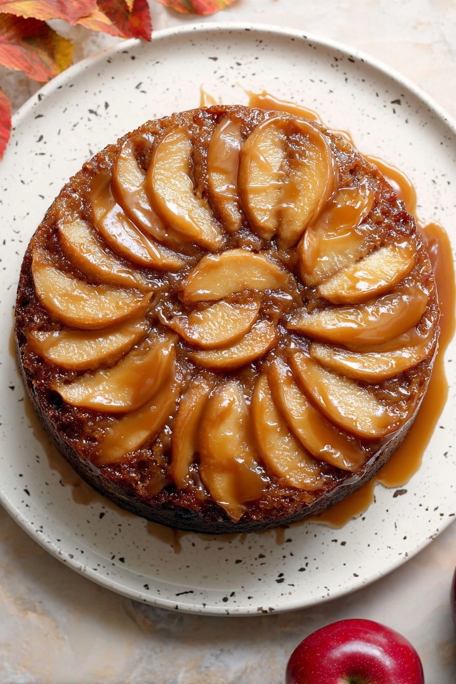 Vegan Apple Upside Down Cake, vegan apple dessert, healthy apple cake, easy vegan apple cake, fall vegan desserts - A round upside-down apple cake with thinly sliced apple pieces arranged in a circular pattern on top, glazed with a shiny brown caramel sauce that covers the entire surface and edges; the cake itself is dense and dark brown, sitting on a white plate with small speckled patterns, all placed on a white marbled texture background with a red apple partially visible in the bottom right corner, and some autumn-colored leaves in the top left corner photo taken with an iphone --ar 2:3 --v 7