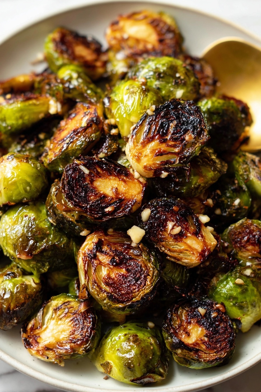 Best Roasted Brussels Sprouts, healthy roasted Brussels sprouts, easy Brussels sprouts recipe, crispy roasted Brussels sprouts, caramelized Brussels sprouts - A close-up view of roasted Brussels sprouts on a white plate, showing about two layers of halved sprouts. Each sprout has a rich mix of deep charred brown and vibrant green colors with a crispy, textured surface. Small bits of chopped garlic are scattered on top, adding a light cream color contrast. A golden spoon is partially visible on the right side of the plate. The plate sits on a white marbled surface, and the lighting highlights the shiny, caramelized glaze on the sprouts. Photo taken with an iphone --ar 2:3 --v 7