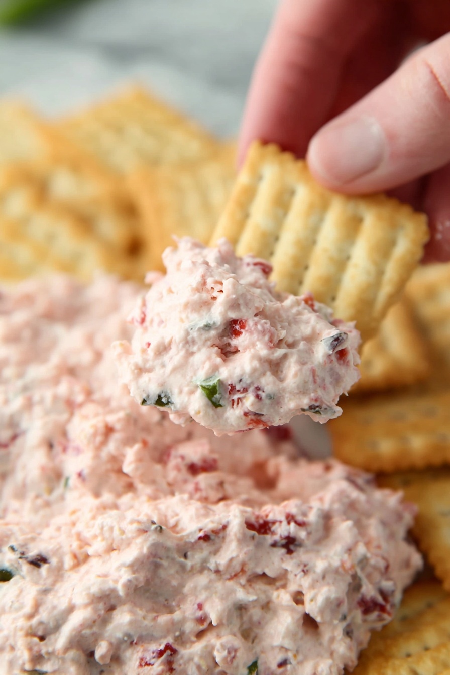 Cranberry Jalapeno Dip, festive dip recipes, spicy fruit dip, easy party snacks, cranberry jalapeno appetizer - A woman’s hand is holding a rectangular, light tan cracker with ridged edges, scooping up a chunky pink dip that has visible bits of red and green inside. Below, there is a generous layer of the same pink dip spread unevenly on more crackers, all placed on a white marbled surface. The dip looks creamy with a rough texture from the small pieces mixed in. The background fades softly showing more crackers with dip on the white marbled texture. photo taken with an iphone --ar 2:3 --v 7