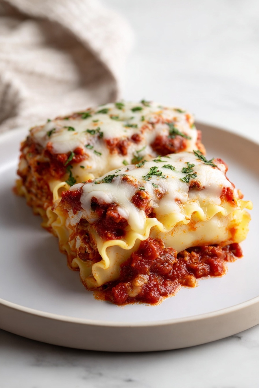 Vegan Lasagna Rolls with Ricotta and Meaty Marinara, vegan lasagna rolls, plant-based lasagna recipe, vegan dinner ideas, hearty vegan pasta - Two rolled lasagna pieces sit side by side on a simple white plate. Each lasagna roll shows visible layers: a bottom layer of soft, wavy, pale-yellow pasta sheets, a middle layer of chunky red tomato sauce mixed with bits of meat, and a top layer of melted white cheese with some fresh green herb pieces sprinkled over. The red sauce slightly seeps down the sides, and the cheese has a lightly browned texture. The plate rests on a white marbled surface with a soft out-of-focus cloth in the background. Photo taken with an iphone --ar 2:3 --v 7