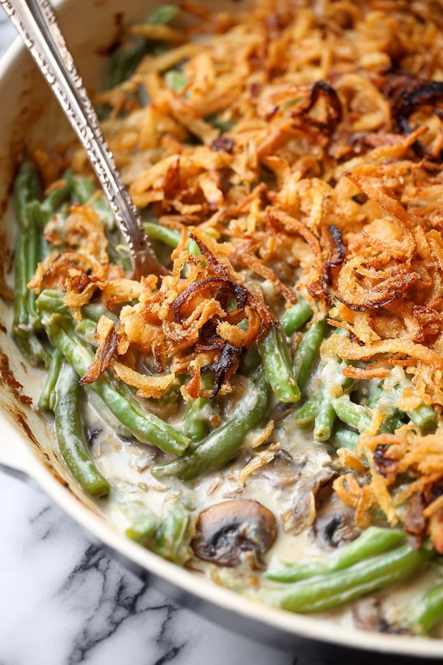 Vegan Green Bean Casserole, plant-based holiday casserole, vegan green bean dish, dairy-free green bean casserole, healthy vegan green bean recipe - A black cast iron skillet filled with a creamy green bean casserole is shown. The bottom layer consists of a smooth, light beige creamy sauce mixed with sliced mushrooms, visible around the edges. Above that, bright green bean pieces are spread evenly, some mixed into the sauce. The top layer is a generous layer of crispy, golden-brown fried onion strings that cover most of the casserole, with some dark, toasted spots adding texture and contrast. A silver utensil is partially submerged on the right side, revealing the layers inside. The skillet sits on a white marbled surface. photo taken with an iphone --ar 2:3 --v 7