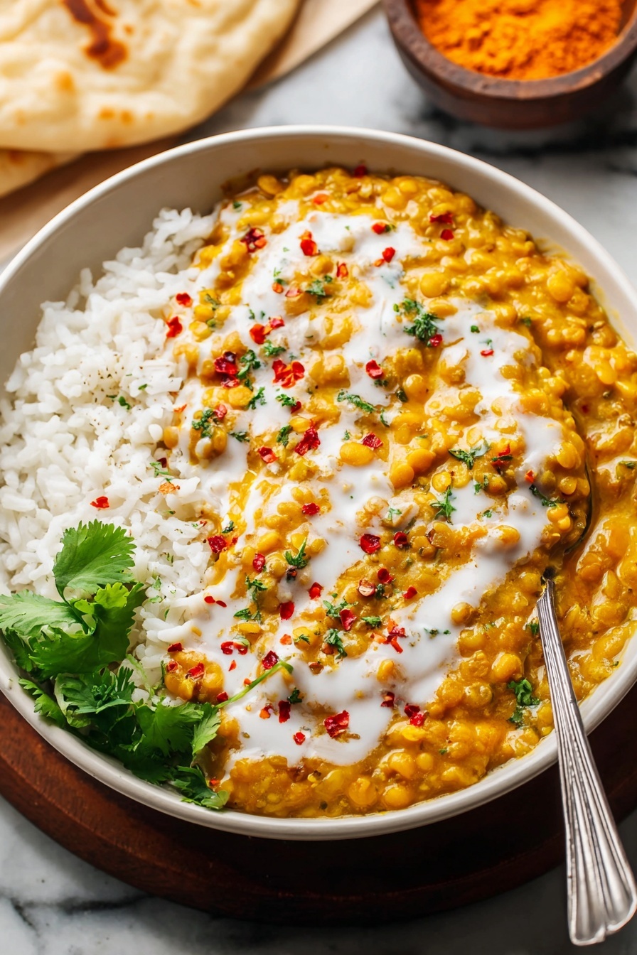 Red Lentil Dahl, Quick Red Lentil Dahl, Easy Indian Lentil Curry, Healthy Lentil Dinner, Vegetarian Lentil Recipes - A white bowl holds two main layers: on the left side, there is plain white rice with a soft, fluffy texture; on the right, there is a thick yellow-orange lentil stew topped with white creamy sauce drizzled diagonally, scattered small red chili flakes, and tiny green herbs. In the front bottom left corner of the bowl, fresh green cilantro leaves add color contrast. A silver spoon rests inside the bowl on the right side, slightly submerged in the lentil stew. The bowl is on a surface with a white marbled texture, with some flatbread partially visible in the background and a small brown bowl containing orange powder out of focus in the upper right. Photo taken with an iphone --ar 2:3 --v 7