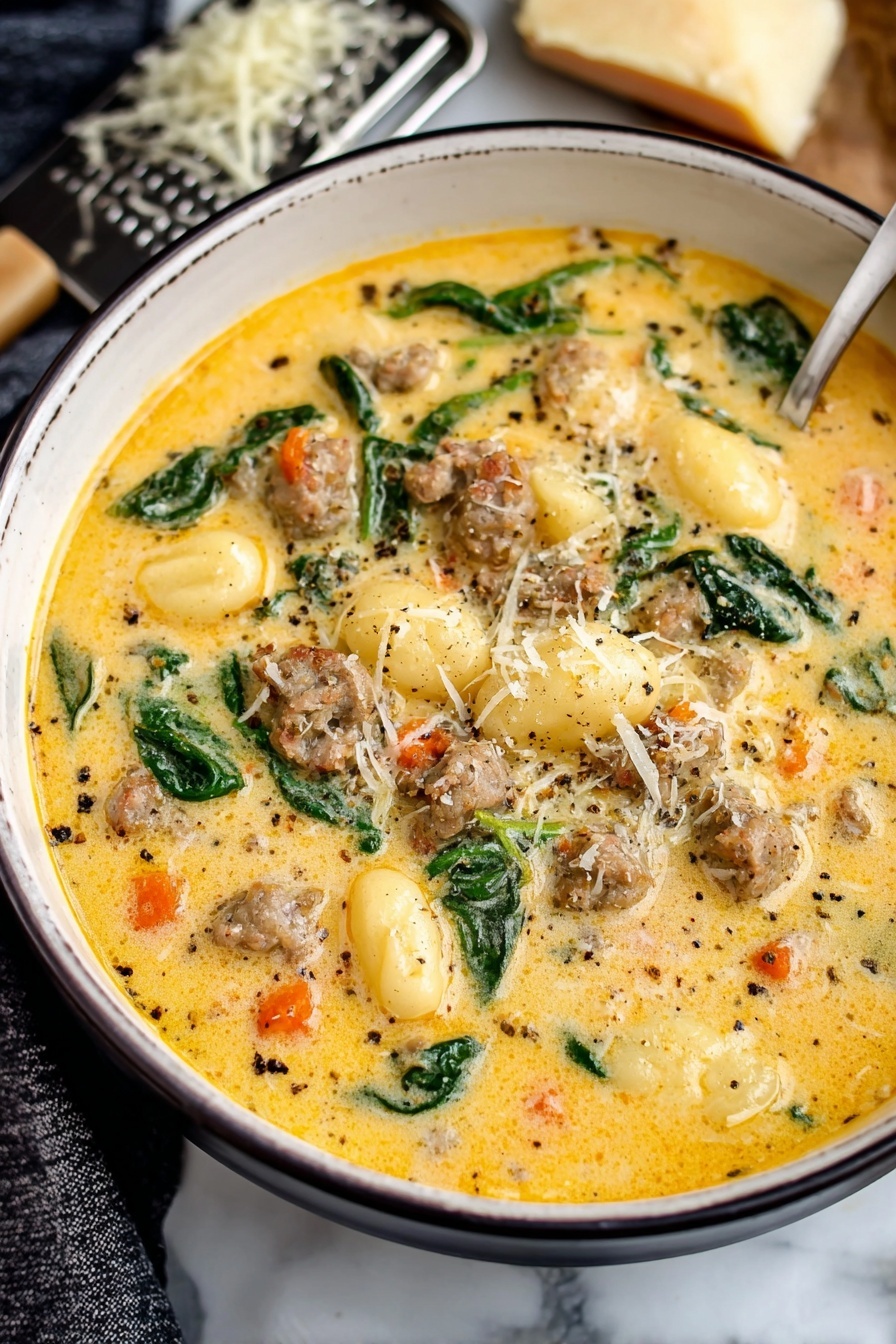 Creamy Italian Sausage Gnocchi Soup, Italian sausage gnocchi recipes, comforting gnocchi soups, easy sausage soups, hearty Italian soup recipes - A bowl filled with a creamy yellow soup containing round gnocchi pieces that are slightly shiny and smooth. Mixed within the soup are browned meat pieces with a crumbly texture and small bits of orange carrots scattered throughout. There are dark green spinach leaves adding color contrast. The soup looks thick and warm, with some grated cheese sprinkled on top and around the bowl edges. The bowl is white and set on a white marbled surface, with a striped cloth nearby and a block of cheese partially visible in the background. photo taken with an iphone --ar 2:3 --v 7