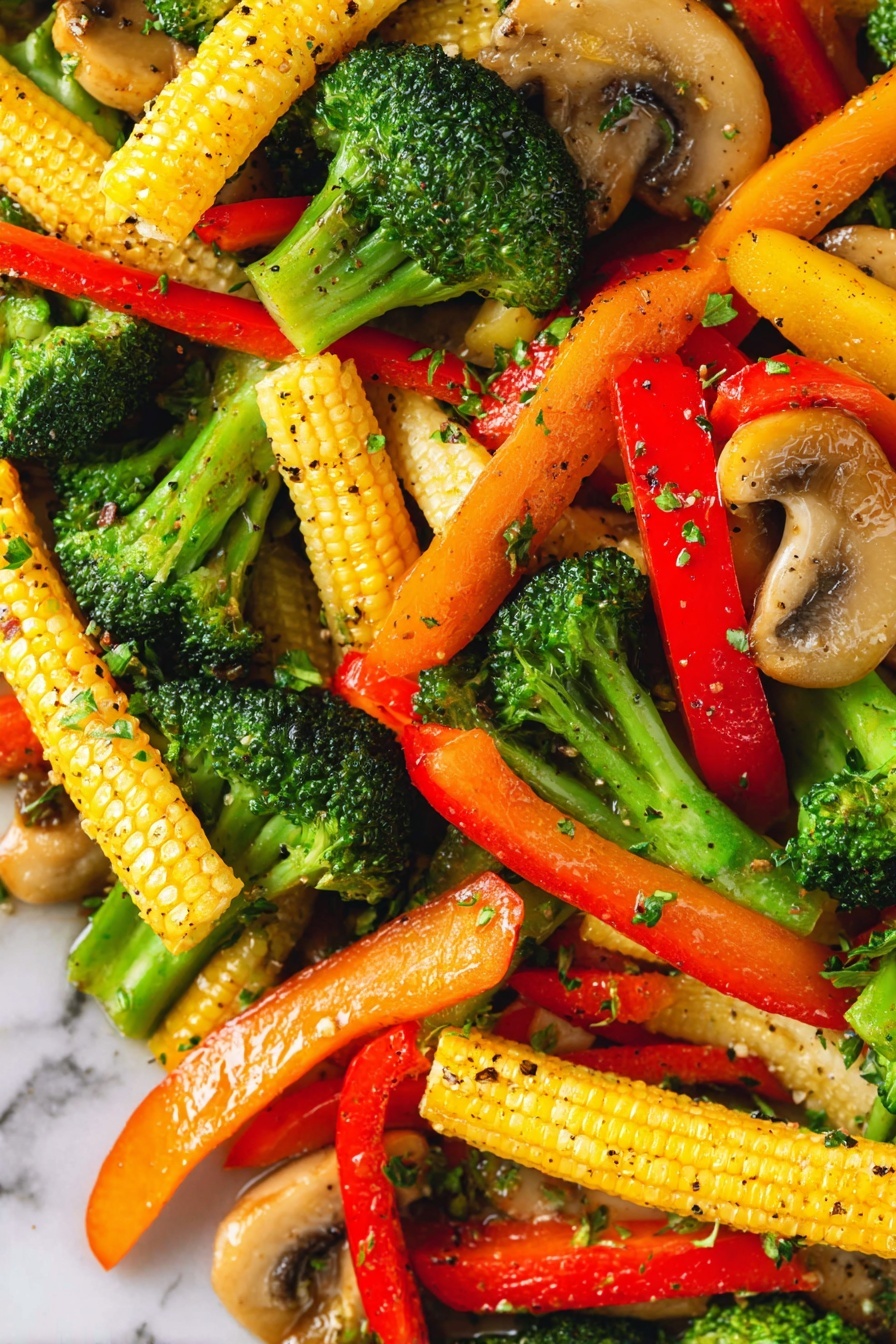 Vegetable Stir Fry with Savory Soy-Honey Sauce, stir fry vegetables recipe, quick healthy stir fry, Asian vegetable stir fry, flavorful vegetable dinner - The image shows a close-up of a colorful mix of stir-fried vegetables. The dish has three main layers: bright green broccoli florets with a slightly rough texture, yellow baby corn with a bumpy surface scattered throughout, and long strips of bell peppers in red, orange, and yellow with a smooth, shiny look. There are also pieces of light brown mushrooms with a soft, slightly glossy texture mixed in. The vegetables are sprinkled with small bits of green herbs and black pepper, which adds a speckled pattern on the surface. The whole mix sits on a background with a white marbled texture. Photo taken with an iphone --ar 2:3 --v 7