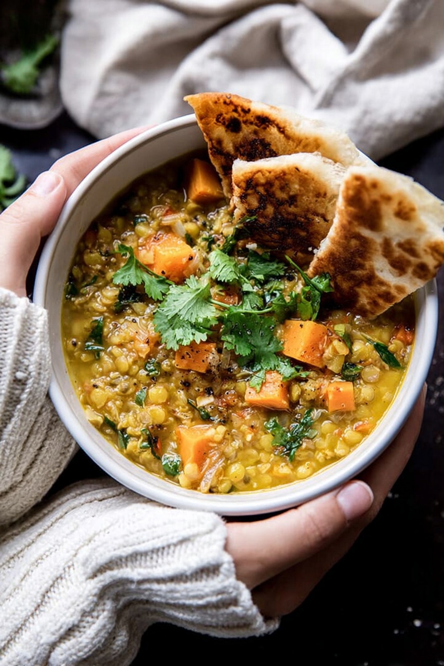 Coconut Sweet Potato Lentil Soup, Sweet Potato Lentil Soup with Coconut Milk, Healthy Coconut Lentil Soup, Cozy Vegan Lentil Soup, Nourishing Sweet Potato Soup - A white bowl filled with a thick lentil and rice stew showing yellow broth and chunks of orange sweet potato mixed with green herbs and lentils; two pieces of toasted flatbread folded and placed inside the bowl leaning to one side, garnished on top with fresh green cilantro leaves; the bowl is held by a woman's hands wearing a white knitted sweater over a light beige cloth, all set on a dark surface with a soft focus in the background, photo taken with an iphone --ar 2:3 --v 7