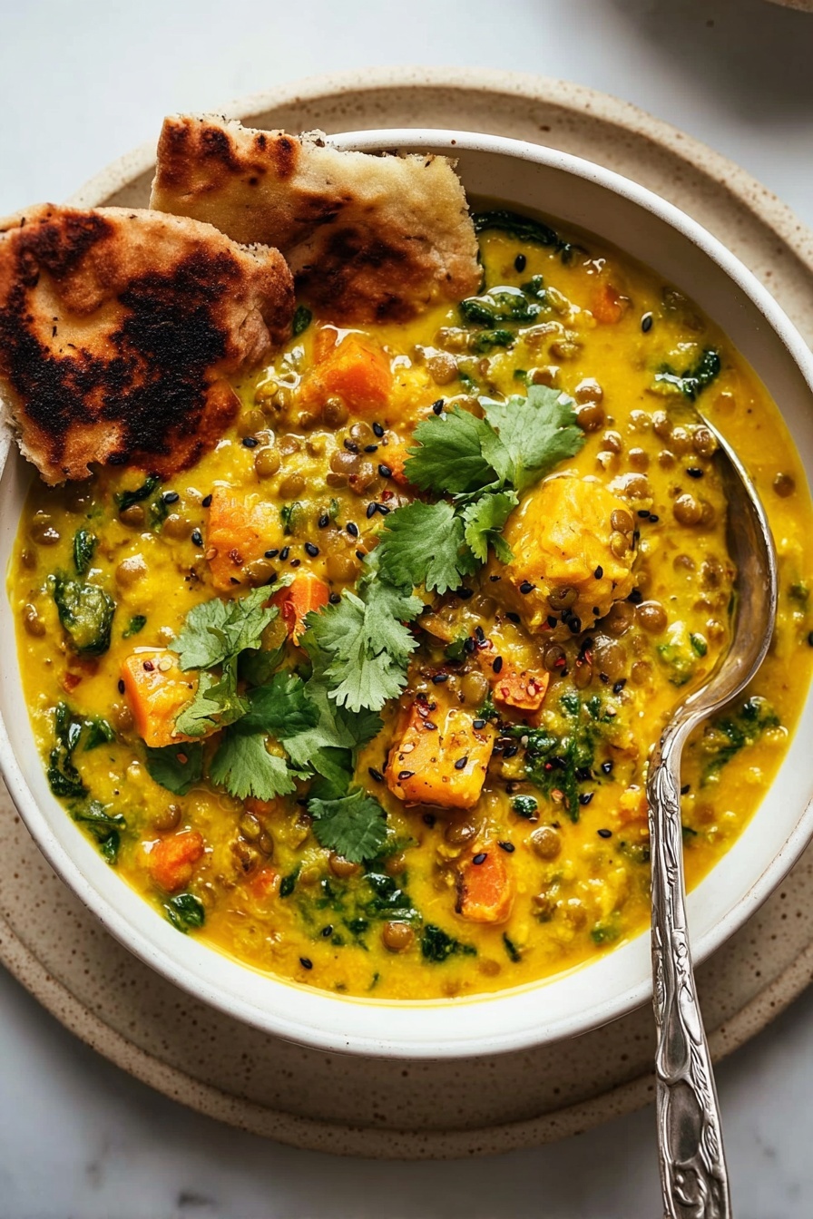 Ginger Sweet Potato and Coconut Milk Stew with Lentils and Kale, hearty plant-based stew, healthy vegan soup, flavorful sweet potato coconut stew, nourishing lentil and kale dish - A white bowl filled with thick yellow curry that has green lentils and bright orange chunks of squash mixed in, garnished with fresh green cilantro leaves on top. The curry shows some small black seeds sprinkled across the surface and bits of leafy greens cooked into the sauce. On the left side inside the bowl, two pieces of toasted flatbread rest against the curry, showing a golden brown color and slight charring. A silver spoon with an ornate handle is placed inside the bowl on the right side, partially submerged in the curry. The bowl sits on a beige speckled plate, all set on a white marbled surface. Photo taken with an iphone --ar 2:3 --v 7