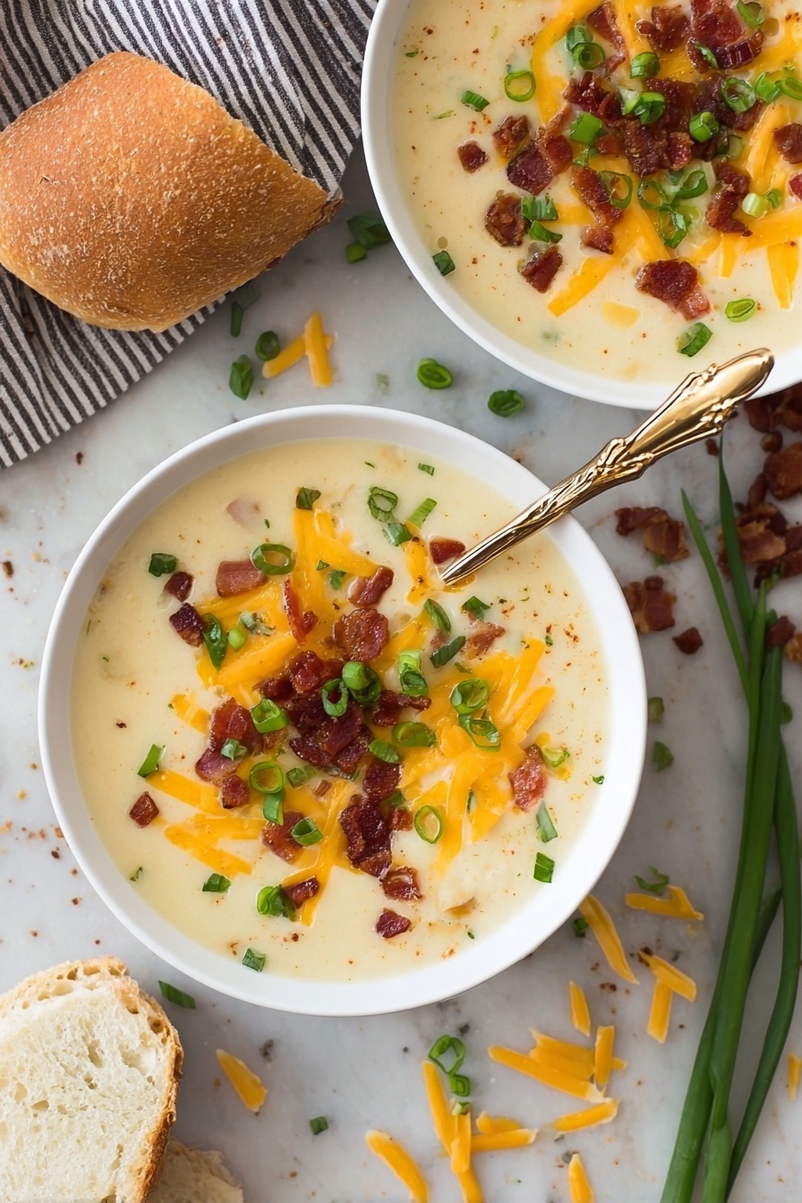 The Ultimate Potato Soup, creamy potato soup, hearty potato soup recipe, comforting potato soup, easy potato soup - The image shows two white bowls filled with creamy, thick soup. The soup is pale yellow and topped with bright orange shredded cheese, small green chopped scallions, and small crispy brown bacon pieces evenly spread across the surface. Each bowl has a gold spoon with a twig-like handle resting inside. Around the bowls, there are scattered bits of cheese and scallions on a white marbled texture. A torn piece of light brown bread sits near the bottom left corner beside one bowl. One woman's hand holds a spoon in the bowl at the top. Photo taken with an iphone --ar 2:3 --v 7