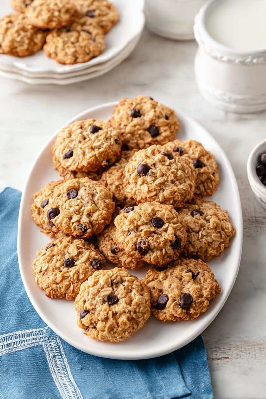 Peanut Butter No-Bake Cookies, easy peanut butter cookies, no-bake cookie recipes, quick dessert ideas, natural peanut butter treats - A white oval plate filled with a single layer of round oatmeal cookies dotted with small dark chocolate chips. The cookies are golden brown with visible oat flakes and chocolate chips scattered evenly on the surface. The plate sits on a white marbled surface, beside a blue cloth napkin with white stitching on the corner. In the background, partially visible, are white bowls and scalloped white plates, also with oatmeal cookies. The light is soft and natural, highlighting the texture of the cookies and the smooth surface around them. photo taken with an iphone --ar 2:3 --v 7