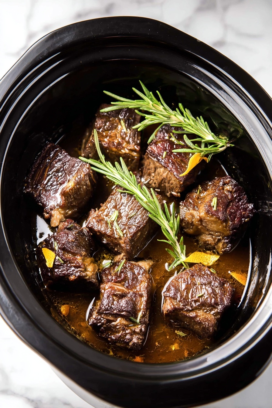 Slow Cooker Beef Short Ribs, beef short ribs slow cooker, tender beef short ribs, easy beef short ribs, savory beef ribs recipe - The image shows a black slow cooker filled with eight pieces of dark brown cooked meat, each piece having a slightly crispy texture on the outside and some visible fat. The meat pieces are partly sitting in a thin brown sauce with a few small slices of yellow zest or strips. On top of the meat lies a green sprig of rosemary for garnish. The slow cooker is placed on a white marbled surface. photo taken with an iphone --ar 2:3 --v 7