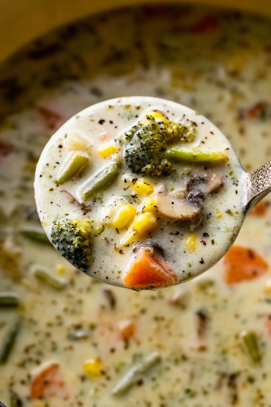 Creamy Vegetable Soup, healthy vegetable soup, easy vegetable soup, homemade vegetable soup, comforting veggie soup - A close-up view of a spoon filled with creamy vegetable soup held above a pot. The soup has a thick white base with small black pepper specks, and visible pieces of carrots, green beans, corn, broccoli, and mushrooms. The soup has a soft texture with mixed colors of green, orange, yellow, and brown from the vegetables. The background shows the same soup in the pot with some light reflections on the surface. Photo taken with an iphone --ar 2:3 --v 7