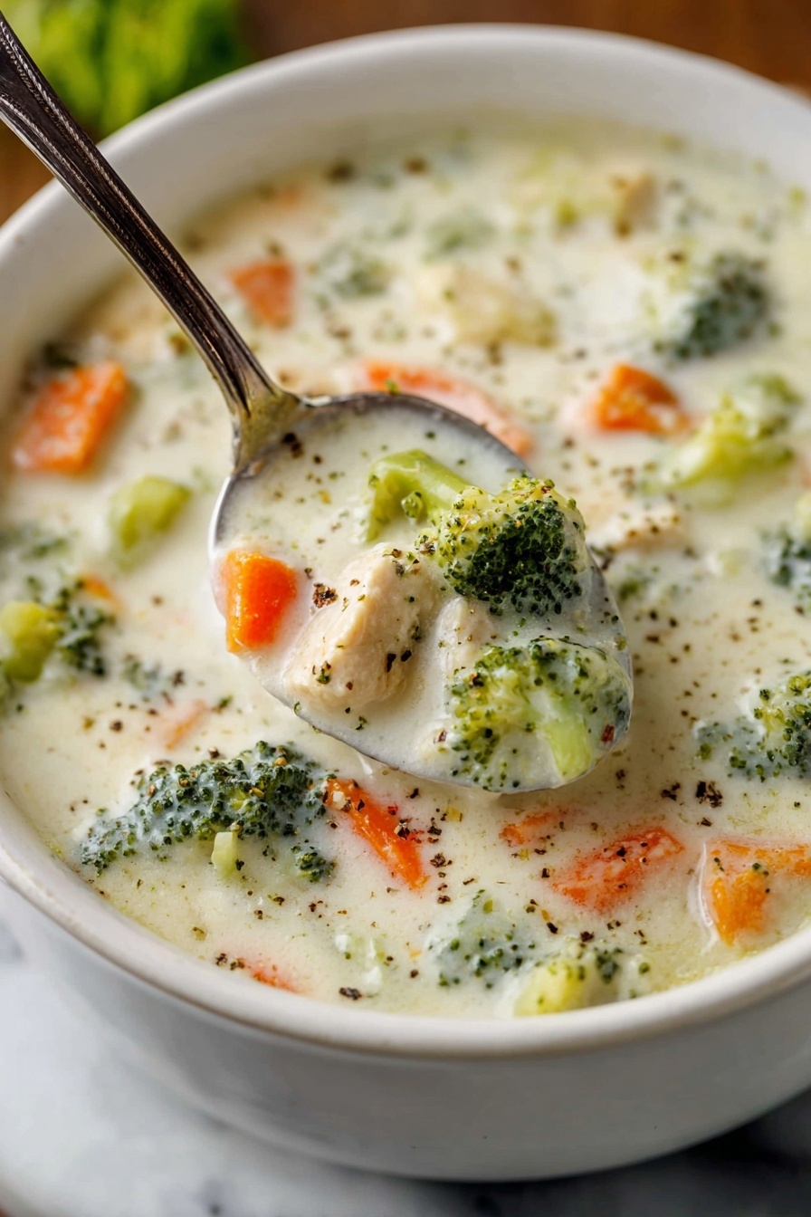 Creamy Vegetable Soup, healthy vegetable soup, easy vegetable soup, homemade vegetable soup, comforting veggie soup - A white bowl filled with creamy thick soup showing chunks of bright green broccoli, orange carrots, and small pieces of chicken mixed in the white creamy broth. A silver spoon scoops some of the soup, highlighting the texture with visible pepper specks on top, all set on a white marbled surface. photo taken with an iphone --ar 2:3 --v 7