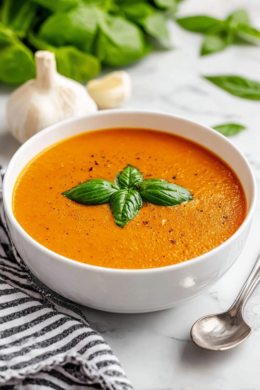 Easy Tomato Basil Soup, Tomato Basil Soup, homemade tomato soup, quick tomato basil soup, comforting tomato soup - A white bowl filled with smooth orange soup that has a slightly speckled texture, topped with three fresh green basil leaves in the center. The bowl sits on a white marbled surface, with two whole garlic bulbs placed to the left. On the right side of the bowl, there is a shiny silver spoon resting on the marbled surface. In the background, blurred green leafy vegetables and a black and white striped cloth are visible. The photo taken with an iphone --ar 2:3 --v 7
