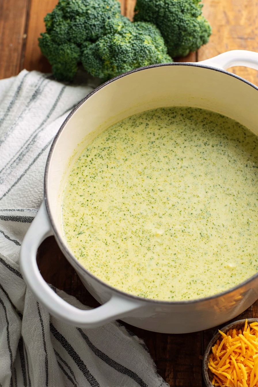 Cream of Broccoli Soup, broccoli soup recipe, healthy broccoli soup, easy broccoli soup, comforting vegetable soup - A large white pot filled with creamy, light green broccoli soup with tiny bits of broccoli visible in the smooth texture. The pot has two white handles and sits on a wooden surface. Around the pot there are fresh dark green broccoli heads on the left and a small pile of shredded orange cheese on the right. A white and black striped cloth is draped casually behind the pot. Photo taken with an iphone --ar 2:3 --v 7