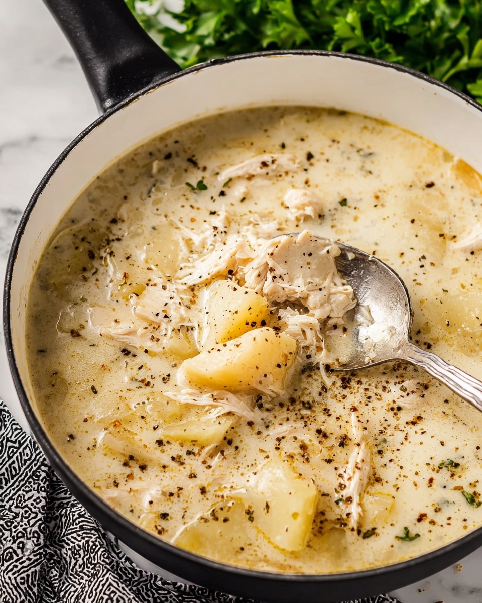 Southern Style Chicken and Dumplings, Southern Chicken and Dumplings, Classic Southern Comfort Food, Easy Chicken and Dumplings Recipe, Hearty Chicken and Dumplings - A close-up image shows a white pot filled with creamy soup that has light beige color and a smooth, thick texture. A metal ladle lifts a portion of the soup, filled with soft, pale noodles and small bits of meat, all coated in the creamy broth. The soup surface has black pepper sprinkled on top, adding specks of contrasting color. In the background, a bunch of fresh green parsley adds a pop of vibrant color next to the pot, which sits on a white marbled surface. Photo taken with an iphone --ar 2:3 --v 7