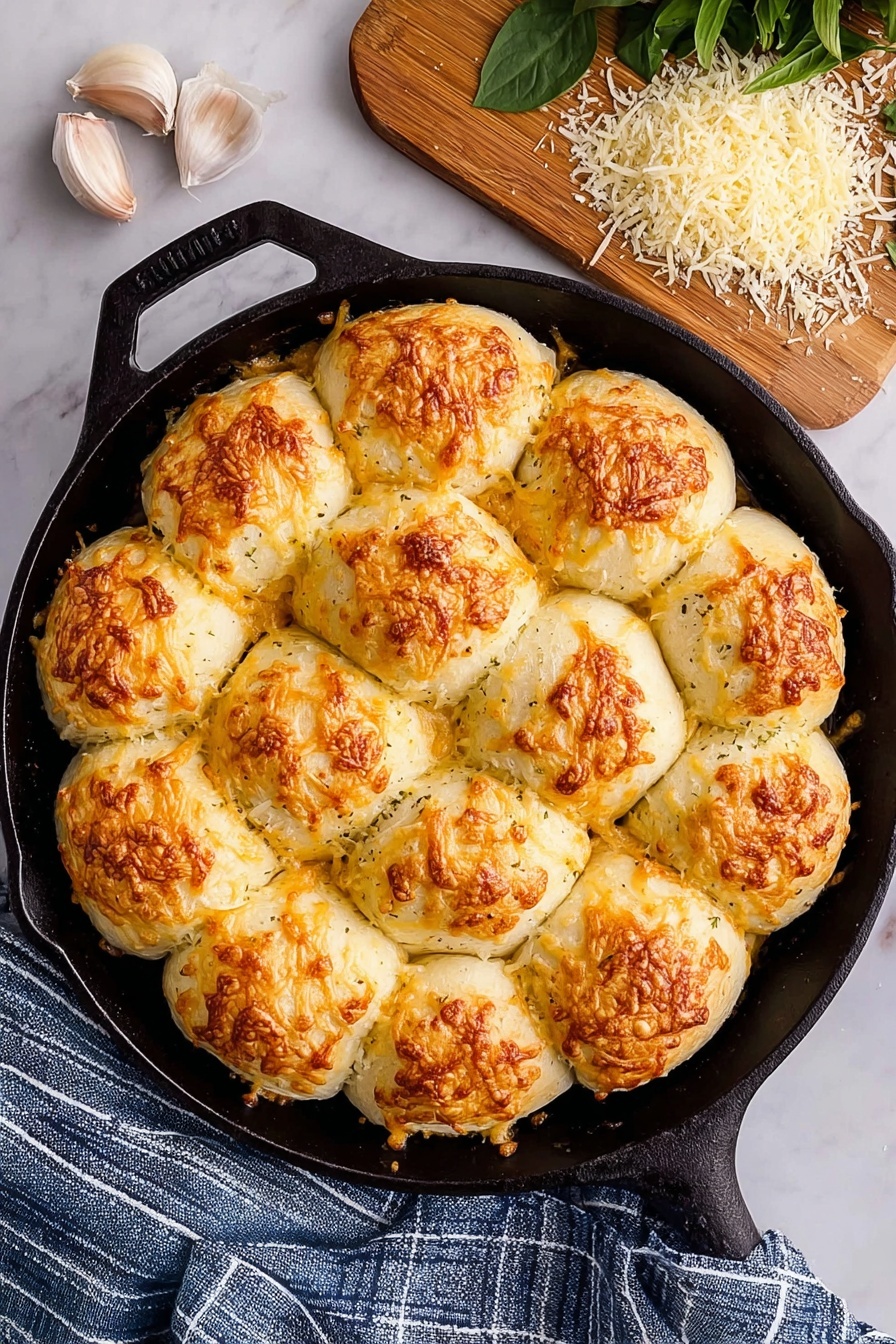Cheesy Garlic Butter Pull Apart Rolls, cheesy garlic bread rolls, soft pull apart dinner rolls, cheesy garlic appetizer, gooey mozzarella rolls - In a black skillet, there are twelve golden-brown bread rolls arranged closely in a circle, each roll topped with melted and browned cheese, showing some uneven crispy textures. The dough looks soft with a light crust, and the cheese adds a slightly rough texture on top of each roll. Around the skillet, there is a wooden board with grated cheese and a green leafy herb in the upper right corner. On the white marbled surface, near the skillet handle, there is a bulb of garlic with some cloves separated. A blue and white striped cloth is placed near the bottom edge. Photo taken with an iphone --ar 2:3 --v 7