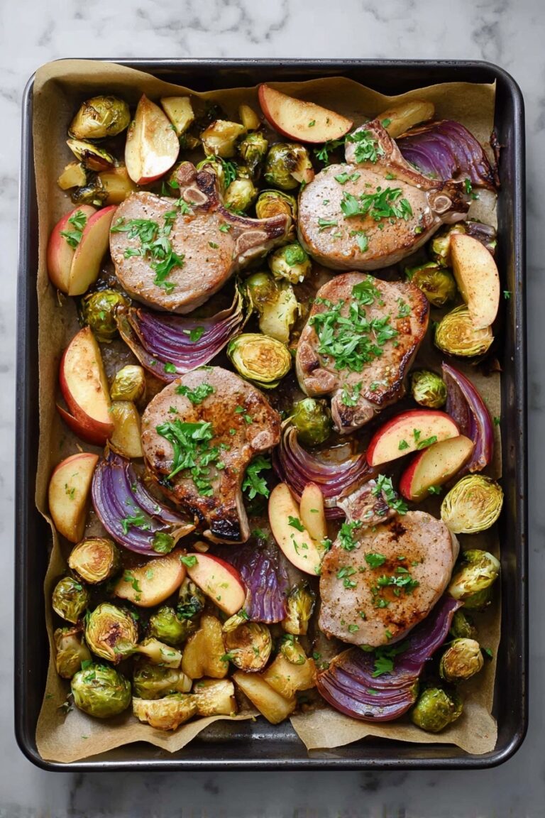 Sheet Pan Pork Chop Supper with Apples, Brussels Sprouts, and Sage Recipe