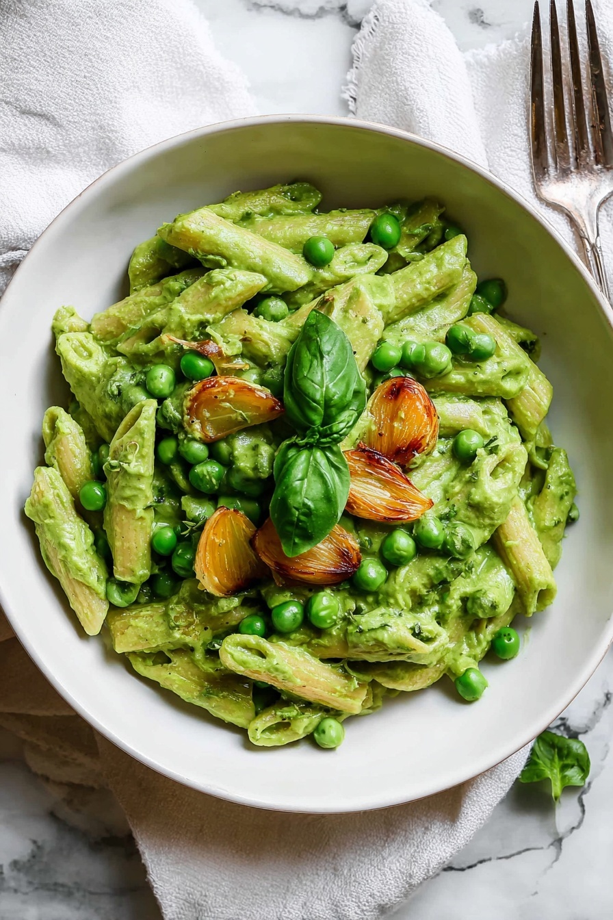 Green Pea Pasta with Basil and Tofu, healthy vegan pasta, gluten-free green pea pasta, dairy-free creamy pasta, vegetarian green pea recipe - A white round bowl filled with penne pasta covered in a thick, creamy green sauce. On top, there are bright green peas, small pieces of golden-brown roasted garlic, and a few fresh basil leaves in the center. The bowl is placed on white marbled texture with a silver fork resting nearby on a white cloth. Photo taken with an iphone --ar 2:3 --v 7
