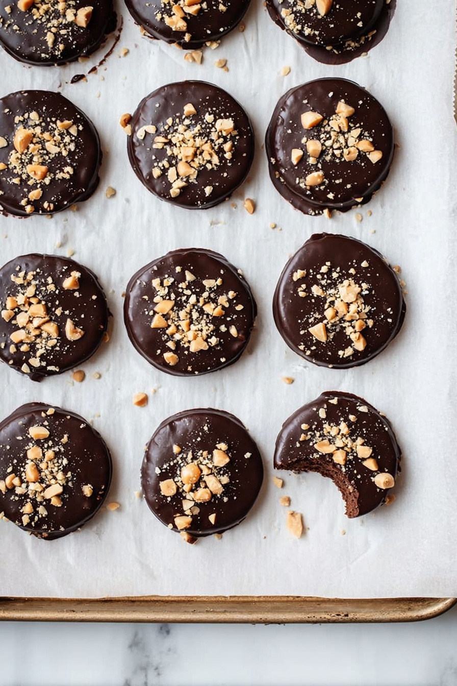 Peanut Butter Chocolate Coated Crackers Sandwiches, crunchy chocolate cracker treats, quick peanut butter snack, easy chocolate-covered crackers, no-bake cracker desserts - There are 14 small round treats laid out in rows on white baking paper over a tray. Each treat has a shiny, dark chocolate layer on top, sprinkled with small chunks of light brown nuts. One treat in the bottom right corner has a bite taken out, showing a lighter inside. The edges of the chocolate coating are slightly uneven with some small drips. The tray sits on a white marbled surface. photo taken with an iphone --ar 2:3 --v 7