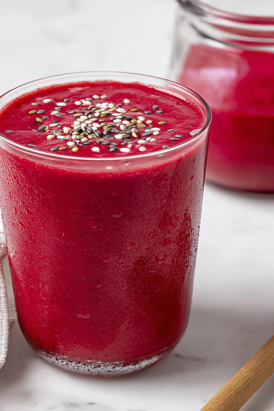 Banana Beet Smoothie, healthy beet smoothie, nutritious smoothie recipes, fruit and vegetable smoothie, easy breakfast smoothies - A close-up of a thick bright red smoothie in a clear glass, filled almost to the top. The smoothie has a smooth texture and is sprinkled with small white, black, and green seeds on the surface. Behind the glass, there is a clear round container filled with the same red smoothie. Both are placed on a white marbled surface, and a wooden spoon handle is visible in the corner. The glass has condensation drops on the outside, showing it is cold. photo taken with an iphone --ar 2:3 --v 7