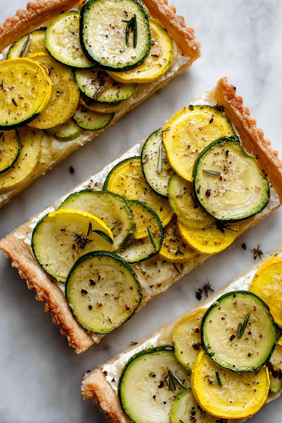 Zucchini and Yellow Squash Tart with Balsamic Drizzle, summer vegetable tart, easy zucchini tart, healthy squash tart, savory vegetable tart - Four long, narrow tarts are placed side by side on white parchment paper over a white marbled surface. Each tart has a thick golden-brown crust with a slightly raised edge. Inside, there is a creamy white base topped with two layers of thinly sliced yellow and green zucchini pieces that slightly overlap each other lengthwise. The zucchini slices have light grill marks and are sprinkled with small bits of green herbs and black pepper. The tarts have some small browned spots and a rustic, homemade look. Photo taken with an iphone --ar 2:3 --v 7