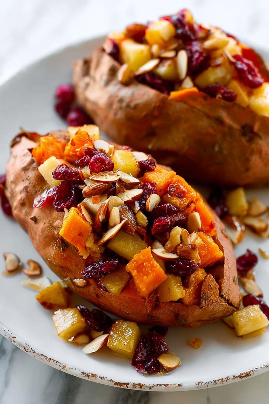 Cranberry Apple Twice-Baked Sweet Potatoes, festive sweet potato side dish, holiday sweet potato recipes, baked sweet potato with cranberries and apples, seasonal holiday side dish - Two baked sweet potatoes sit on a white plate with a slightly cracked texture. Each sweet potato is opened and filled with a colorful mix of diced golden apples, deep red cranberries, and slivered almonds. The filling looks moist and slightly shiny, with some of the mixture spilling around the plate. The sweet potatoes have a soft, wrinkled orange skin with dark spots, showing a cooked texture. The background shows a white marbled surface. photo taken with an iphone --ar 2:3 --v 7