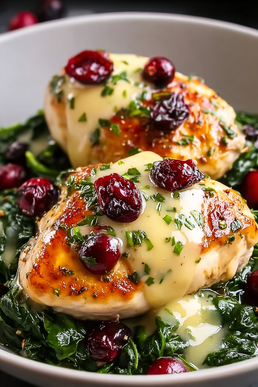 Cranberry & Spinach Stuffed Chicken Breasts with Brie, stuffed chicken breast recipes, cranberry chicken dinner, spinach and Brie chicken, easy elegant chicken dishes - Two pieces of golden brown chicken are placed on a bed of dark green cooked spinach in a white bowl. Each piece of chicken is topped with a creamy pale yellow sauce, sprinkled with chopped green herbs and dotted with shiny red cranberries. The chicken looks juicy and tender, contrasting with the soft texture of the spinach. The dish is shiny with some light reflecting on the sauce and cranberries, all set on a white marbled surface. photo taken with an iphone --ar 2:3 --v 7