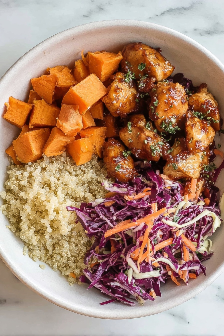 Healthy Hot Honey Chicken Bowls, Hot Honey Chicken Bowls, Sweetgreen Copycat Bowls, healthy chicken bowls, flavorful nutritious bowls - A bowl with four sections of food sitting on a white marbled surface. The top left section has soft, cubed orange sweet potatoes with a slightly roasted texture. Below that is a portion of browned chicken pieces with a shiny glaze and visible herbs. The top right section contains a mix of shredded purple cabbage and orange carrots coated lightly in a creamy dressing. The bottom right section includes pale, fluffy cooked quinoa with tiny round grains. The bowl itself is white with a smooth finish. photo taken with an iphone --ar 2:3 --v 7