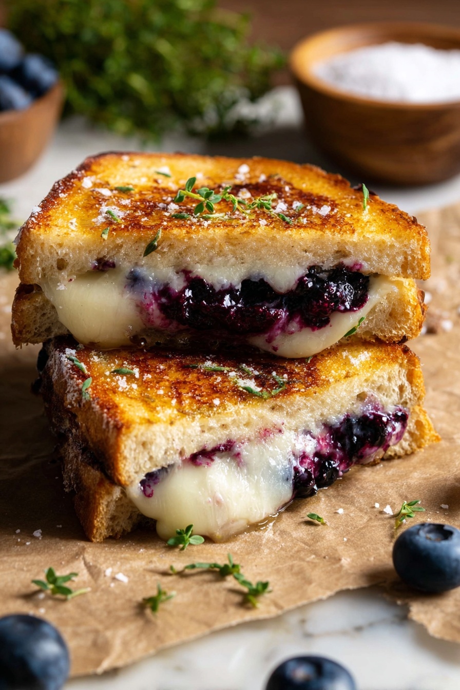 Blueberry White Cheddar Grilled Cheese, blueberry grilled cheese, cheesy sandwich with blueberry jam, gourmet grilled cheese recipes, sweet savory grilled cheese - The image shows a close-up of a grilled sandwich cut into two halves on brown paper over a white marbled surface. Each sandwich half has two layers: a golden-brown toasted bread layer on the top and bottom, with a melted white cheese layer in the middle mixed with dark purple blueberry filling. The top bread has a slight crunch with visible salt flakes and small green herb leaves on it. Around the sandwich, there are whole blueberries and some fresh green herbs scattered, with a small wooden bowl filled with salt in the blurred background. The photo is taken with an iphone --ar 2:3 --v 7