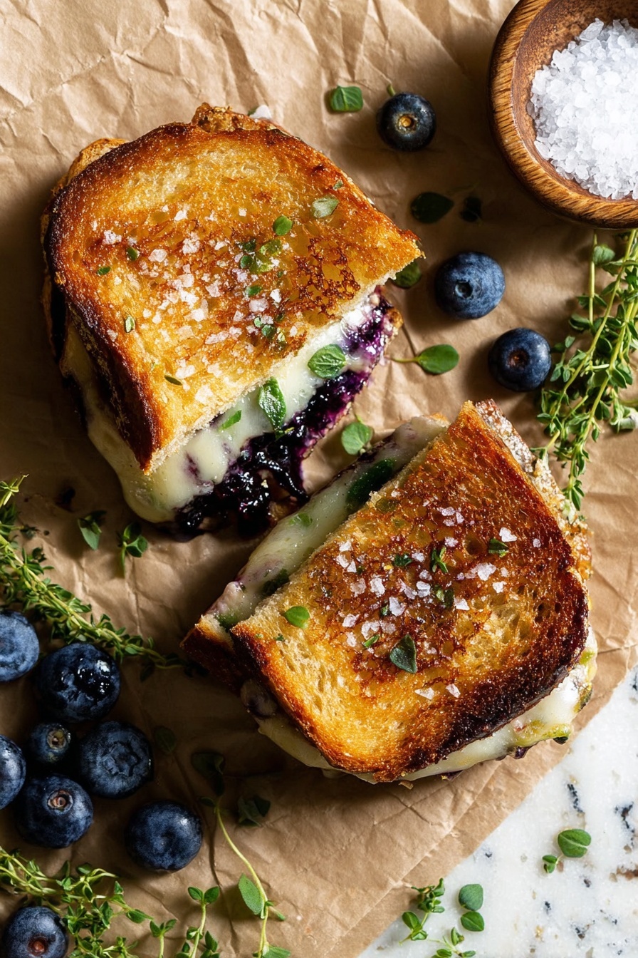 Blueberry White Cheddar Grilled Cheese, blueberry grilled cheese, cheesy sandwich with blueberry jam, gourmet grilled cheese recipes, sweet savory grilled cheese - A sandwich is cut into two pieces and placed on brown paper, with toasted golden-brown bread on top showing some melted white cheese and dark purple filling peeking out from inside. The sandwich is sprinkled with small green herb leaves and flaky white salt on top. Around the sandwich are fresh blueberries and sprigs of green herbs. To the upper right, there is a small round wooden bowl filled with coarse salt. The background is a white marbled texture. photo taken with an iphone --ar 2:3 --v 7