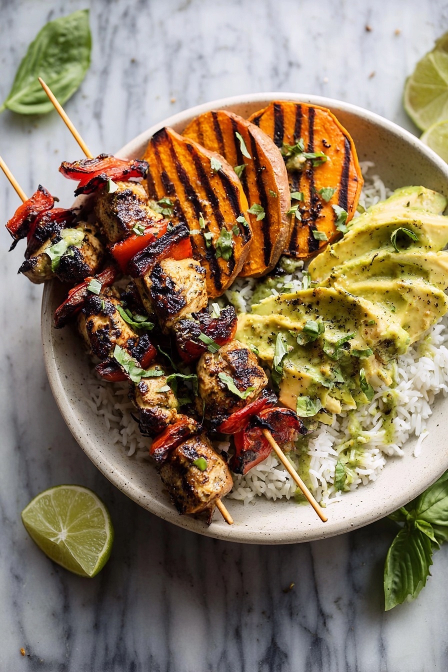 Grilled Chili Lime Honey Chicken, grilled chili lime honey chicken with roasted sweet potatoes and avocado salsa, flavorful grilled chicken recipes, quick healthy chicken meals, easy summer chicken recipes - A white bowl shows a meal with three main layers. The bottom layer is white cooked rice that fills the bowl. Above the rice, two wooden skewers hold grilled pieces of chicken and red bell pepper, both having a slightly charred texture and mixed brown and red colors. On the left side on top of the rice, there are thick grilled sweet potato slices in orange with grill marks and sprinkled green herbs. On the right side, there are slices of yellow-green avocado with a light green sauce and small bits of green herbs on top. The dish is garnished with fresh green basil leaves. The bowl sits on a white marbled surface, and there are some lime halves placed nearby. Photo taken with an iphone --ar 2:3 --v 7