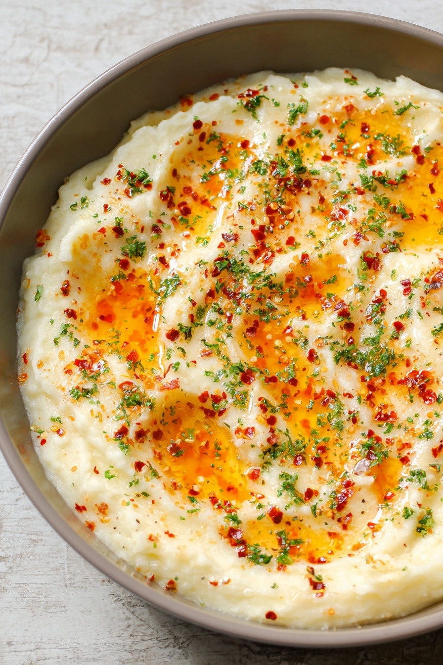 Vegan Brie Dip with Pepper Jelly, vegan cheese dip, plant-based party dip, vegan appetizer ideas, dairy-free cheese dip - The image shows a pan filled with creamy mashed potatoes as the thick, smooth bottom layer, pale off-white in color. On top, there are scattered patches of melted golden-orange butter that form small pools with a shiny, oily texture. Sprinkled over everything are small, evenly spread red chili flakes and finely chopped green herbs, adding a contrast of red and green specks against the creamy white base. The pan is a neutral gray, and the surface underneath has a white marbled texture. photo taken with an iphone --ar 2:3 --v 7