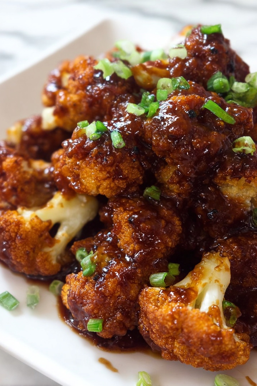 BBQ Cauliflower Wings, vegan wings, plant-based appetizer, healthy snack recipes, spicy cauliflower bites - A pile of crispy fried cauliflower pieces covered in a thick dark reddish-brown sauce sits on a white crumpled paper on a white marbled surface. Each cauliflower piece has a crunchy, rough texture with some slight charring, and bright green chopped chives are sprinkled over the top and around the pile. To the upper left side, there is a small white bowl filled with a creamy white sauce. Photo taken with an iphone --ar 2:3 --v 7
