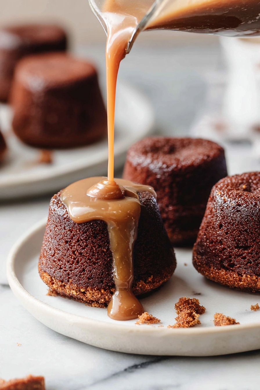 Sticky Toffee Pudding with Warm Toffee Sauce, British dessert recipes, moist date pudding, classic toffee dessert, indulgent dessert recipes - A group of four small, round, dark brown cakes sit on a white plate on a white marbled surface. The closest cake is in the middle and has a thick light brown sauce being poured over it from a clear glass jug, with the sauce dripping down the sides. The texture of the cake looks soft and spongy. The other three cakes are whole, showing more of the rough cake texture. Small crumbs are scattered lightly on the plate near the cakes. The background is softly blurred, keeping focus on the cakes and sauce. Photo taken with an iphone --ar 2:3 --v 7