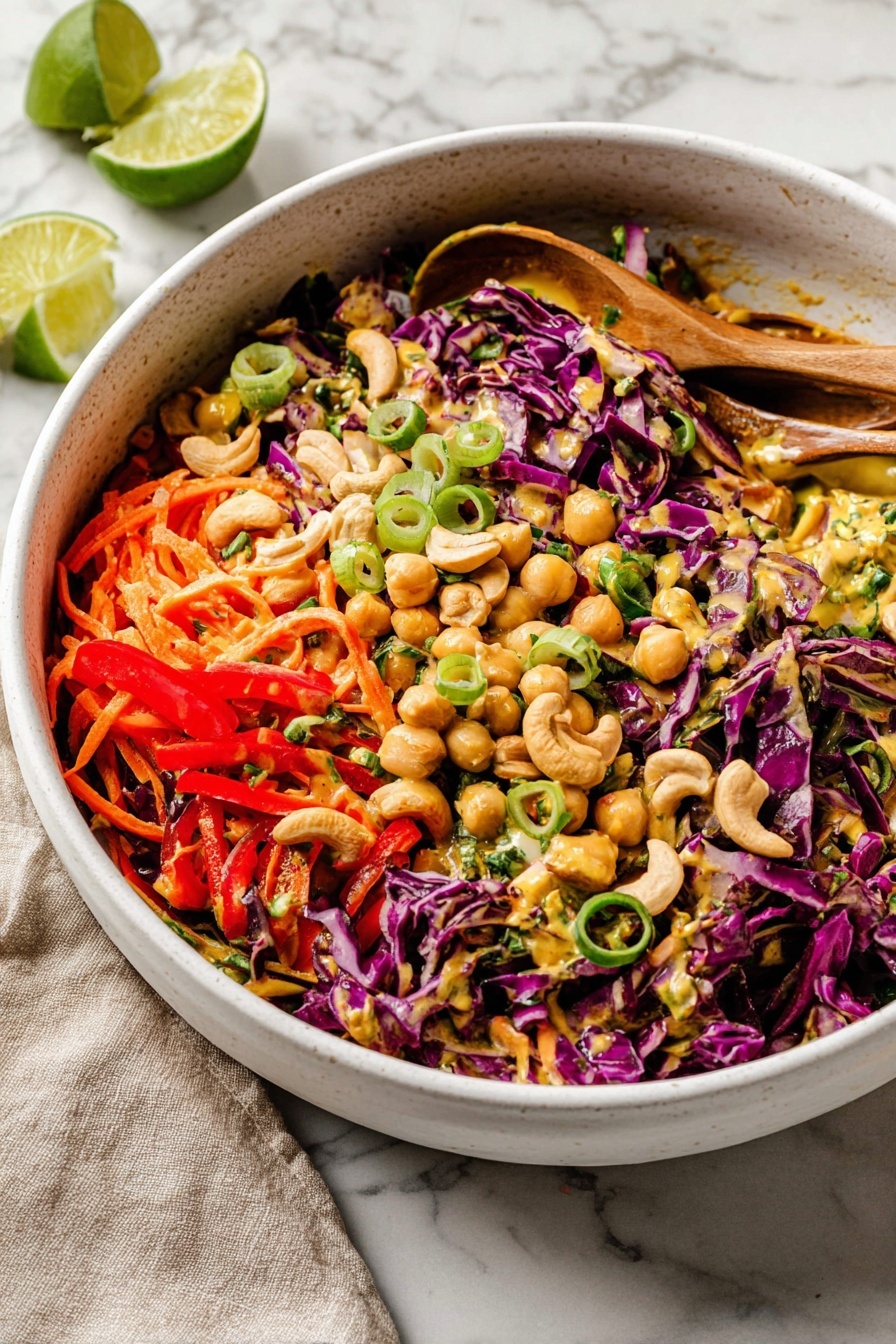 Chopped Thai-Inspired Chickpea Salad with Curry Peanut Dressing, Thai chickpea salad, healthy chickpea salad, Thai-inspired salads, vegan chickpea salad - A large white bowl filled with a colorful salad shows many layers and textures. The bottom layers are shredded bright purple cabbage and thin orange carrot strips spread all over. On top, there are slices of green onion rings, whole beige chickpeas, and white cashew nuts scattered through the salad. Small green herb bits are mixed in, and pieces of bright red bell pepper add more color. The salad looks lightly dressed with a yellowish sauce. Two wooden spoons are partly in the bowl, resting on the salad. A wedge of lime and some extra green onion rings sit on a white marbled surface beside the bowl. Photo taken with an iphone --ar 2:3 --v 7