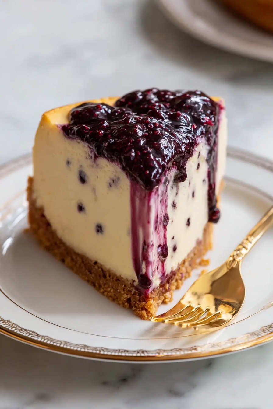 Mulberry & Earl Grey Cheesecake, Earl Grey tea cheesecake, Mulberry fruit dessert, Elegant fruit cheesecake, Unique cheesecake recipes - A slice of cheesecake sits on a white plate with gold trim. The cheesecake has three layers: a golden brown crumbly crust at the bottom, a thick creamy beige middle layer with dark small specks inside, and a smooth, glossy dark purple berry sauce on top that drips down the sides. Next to the slice is a gold fork resting on the plate. The plate is set on a white marbled surface. photo taken with an iphone --ar 2:3 --v 7