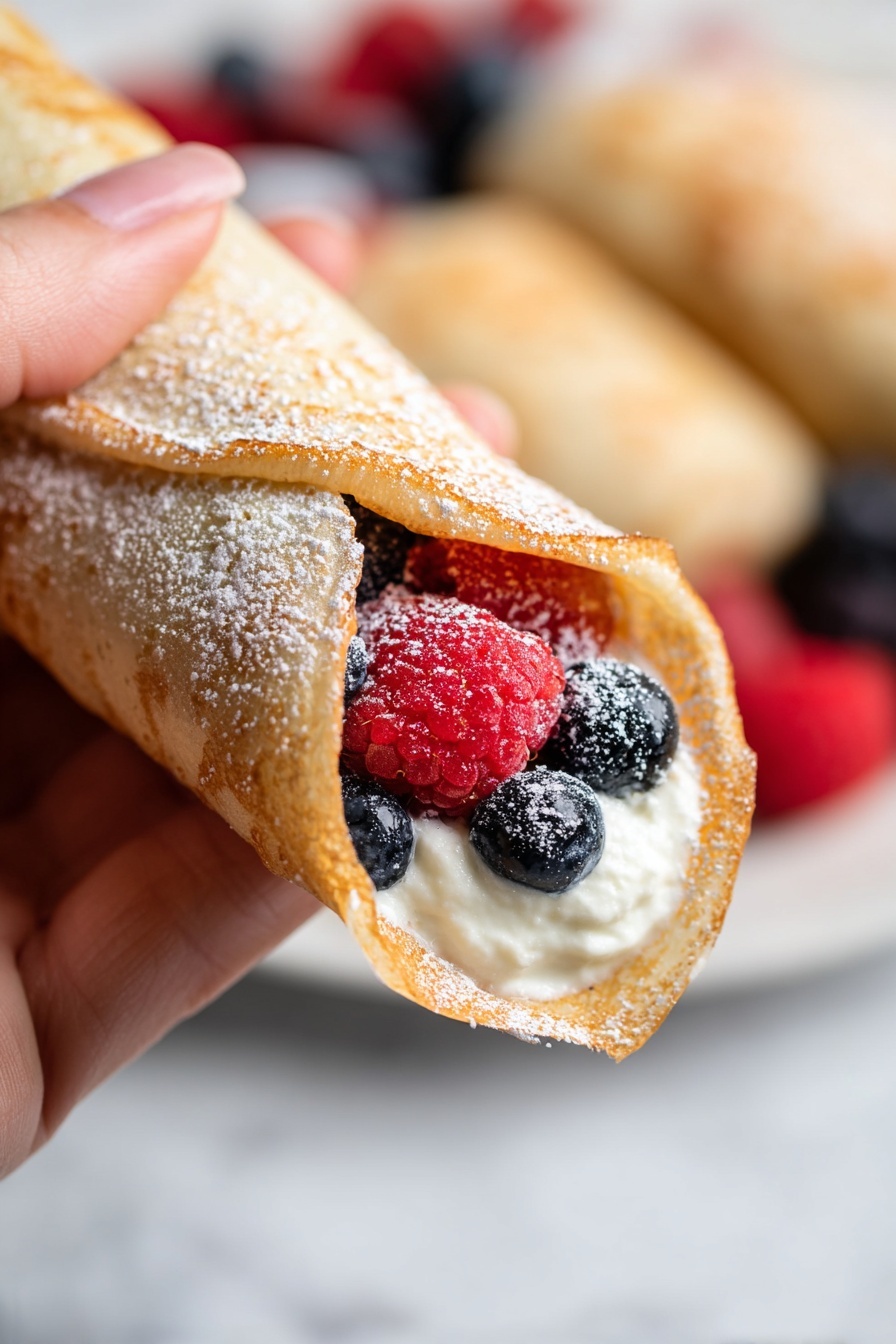 Keto Protein Crepes, low-carb high-protein breakfast, keto-friendly crepes, gluten-free protein pancakes, easy keto breakfast ideas - A close-up view shows a folded light brown crepe held by a person's fingers. The crepe has a soft texture with a dusting of powdered sugar on its surface. Inside the crepe, there is a layer of white creamy filling topped with dark blue blueberries and a bright red raspberry, also dusted lightly with powdered sugar. In the blurred background, more crepes and berries can be seen on a white plate placed on a white marbled surface. photo taken with an iphone --ar 2:3 --v 7
