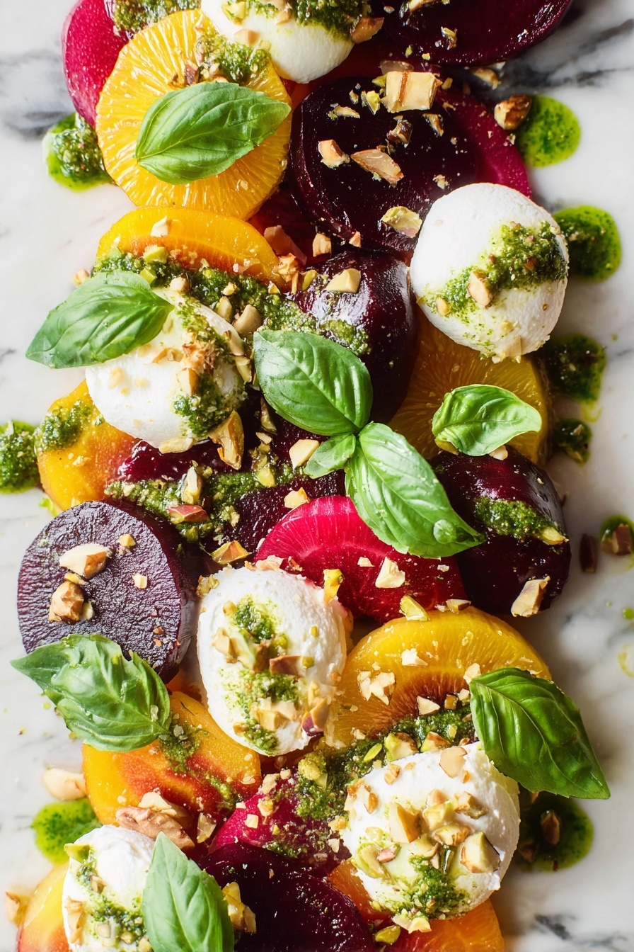 Roasted Beet and Burrata Salad, beet and burrata salad, roasted beet salad, citrus beet salad, easy gourmet salad - The dish shows a colorful mix of layers starting with slices of yellow and red beets covering the base, topped with soft white dollops of cheese spread in round shapes. On top of this, there are sections of bright red citrus pieces and dark purple beet slices scattered around. Green leaves of basil are placed evenly over the dish, alongside small dollops of a bright green sauce. Crushed nuts are sprinkled lightly all over, adding texture. The whole arrangement sits on a white marbled surface, and the photo was taken with an iphone --ar 2:3 --v 7