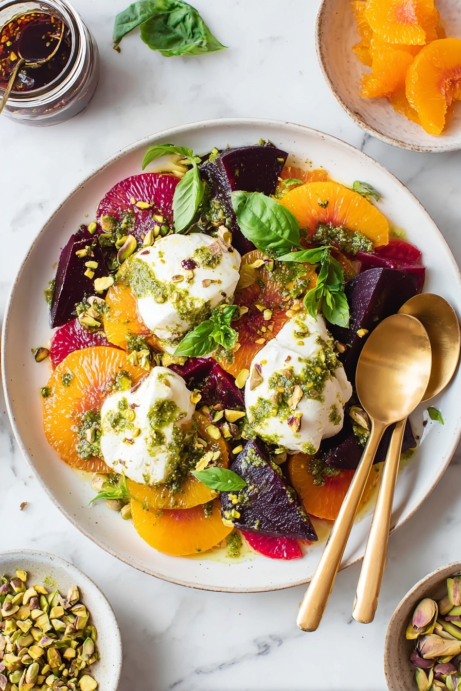 Roasted Beet and Burrata Salad, beet and burrata salad, roasted beet salad, citrus beet salad, easy gourmet salad - A white plate holds a colorful salad with three main layers: the bottom layer is made of orange and yellow sliced beets, and bright red citrus segments, arranged spread out and overlapping; on top of this are dark purple roasted beet wedges scattered across; then, three dollops of soft, white burrata cheese are placed evenly around the plate, slightly melted. The dish is drizzled with a rough green herb sauce over everything, and sprinkled with chopped pistachios and fresh basil leaves, adding texture and green color spots. Two gold spoons rest on the right side of the plate. The background is a white marbled surface with a small jar of sauce on the top left, a bowl with chopped pistachios on the bottom right, and citrus peel pieces scattered at the bottom. Photo taken with an iphone --ar 2:3 --v 7