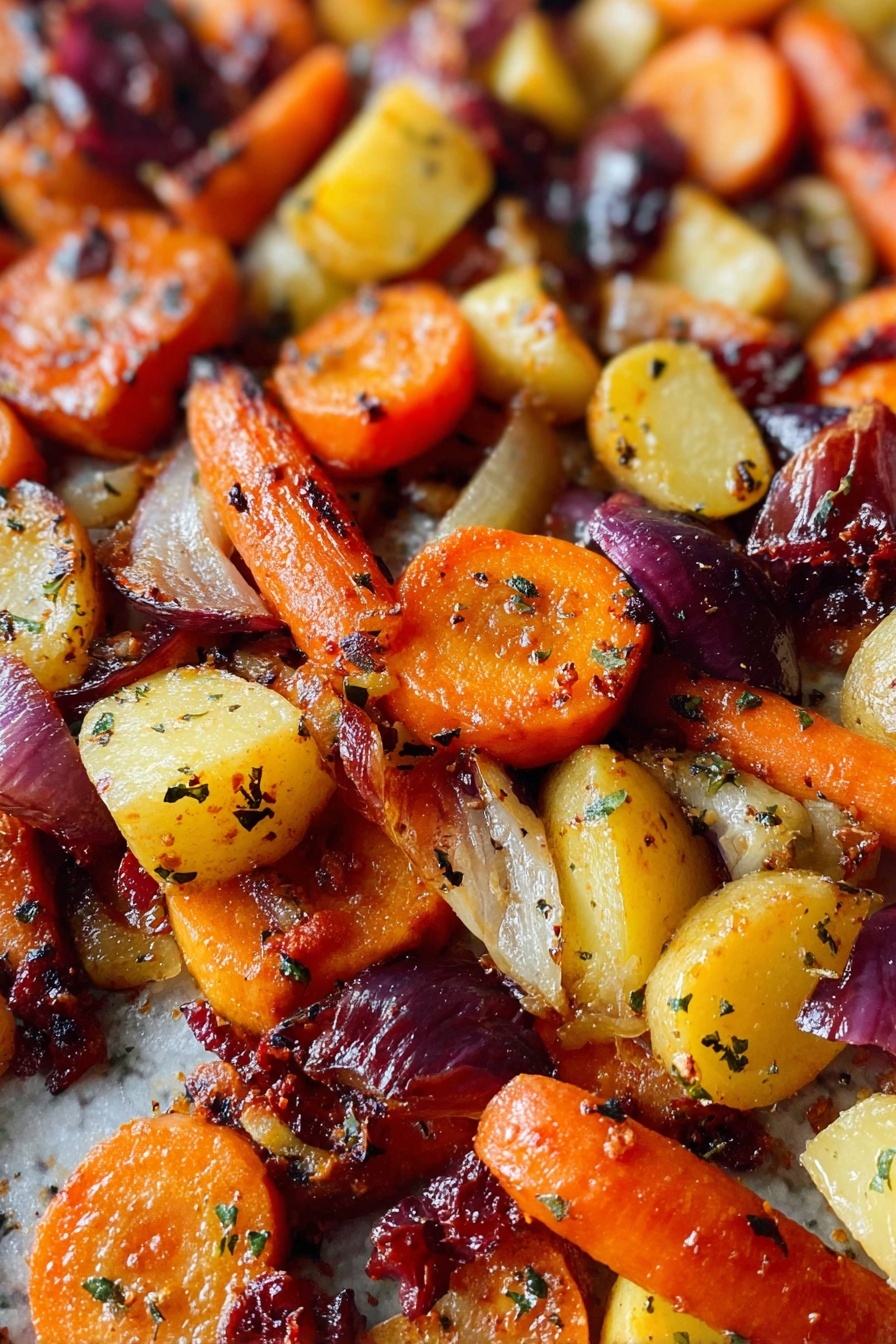 Maple Dijon Roasted Carrots and Apples, roasted carrot and apple side dish, easy fall vegetable recipes, healthy roasted vegetable ideas, sweet and savory roasted vegetables - This close-up image shows a mix of roasted vegetables scattered on a white marbled surface, featuring orange carrot slices with some charred black spots, small yellow potato pieces, and purple-red onion chunks. The vegetables have a light shine from cooking oil and are sprinkled with herbs and seasoning, giving a textured and slightly crisp look. The colors are warm with a mix of vibrant orange, soft yellow, and deep reddish-purple tones blending together photo taken with an iphone --ar 2:3 --v 7