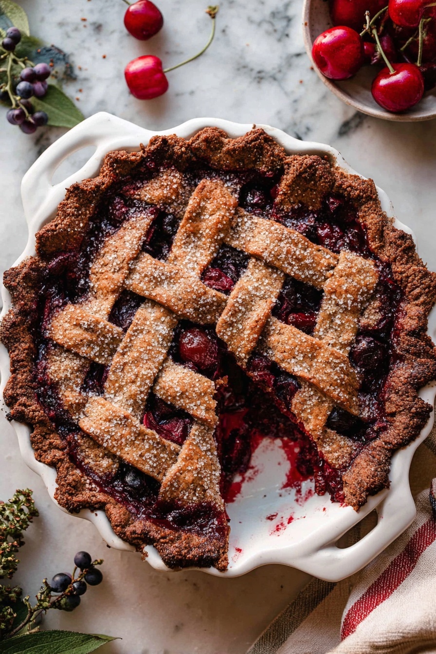Chocolate Cherry Black Forest Pie, Black Forest Pie with Cherries, Chocolate Cherry Dessert, Cherry Pie with Mascarpone, Easy Black Forest Pie - A round cherry pie with a lattice top crust in a white baking dish with handles. The crust is deep brown and looks crispy with large sugar crystals on top. The filling underneath is bright and dark red with chunks of cherries visible through the gaps in the lattice. The dish sits on a white marbled surface with a couple of fresh cherries and some green and purple berries and leaves nearby. There is a slice partly removed, showing the juicy cherry filling inside. Photo taken with an iphone --ar 2:3 --v 7