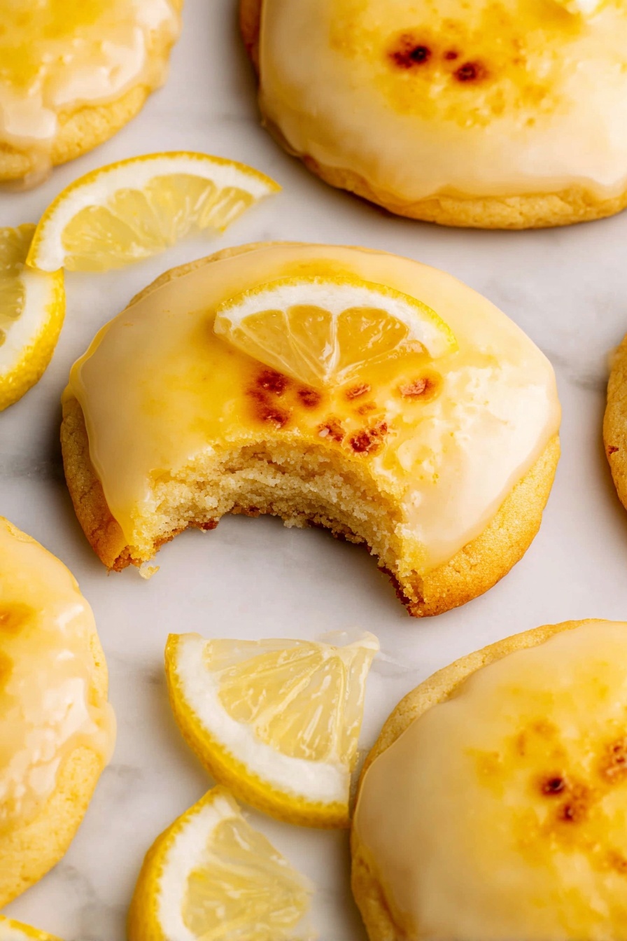 Lemon Crème Brûlée Cookies, Lemon Dessert Recipes, Lemon Cookie Recipes, Elegant Lemon Cookies, Easy Lemon Bakery Treats - The image shows several round lemon cookies with two layers: a smooth, slightly browned lemon glaze on top with small charred spots, and a soft, golden cookie base underneath; one cookie has a small wedge of lemon resting on the edge of the glaze, and another cookie is missing a bite, revealing the crumbly, pale yellow inside. Around the cookies, there are thin lemon slices with bright yellow rind and pale flesh. All the cookies and lemon slices are placed on a white marbled surface. photo taken with an iphone --ar 2:3 --v 7