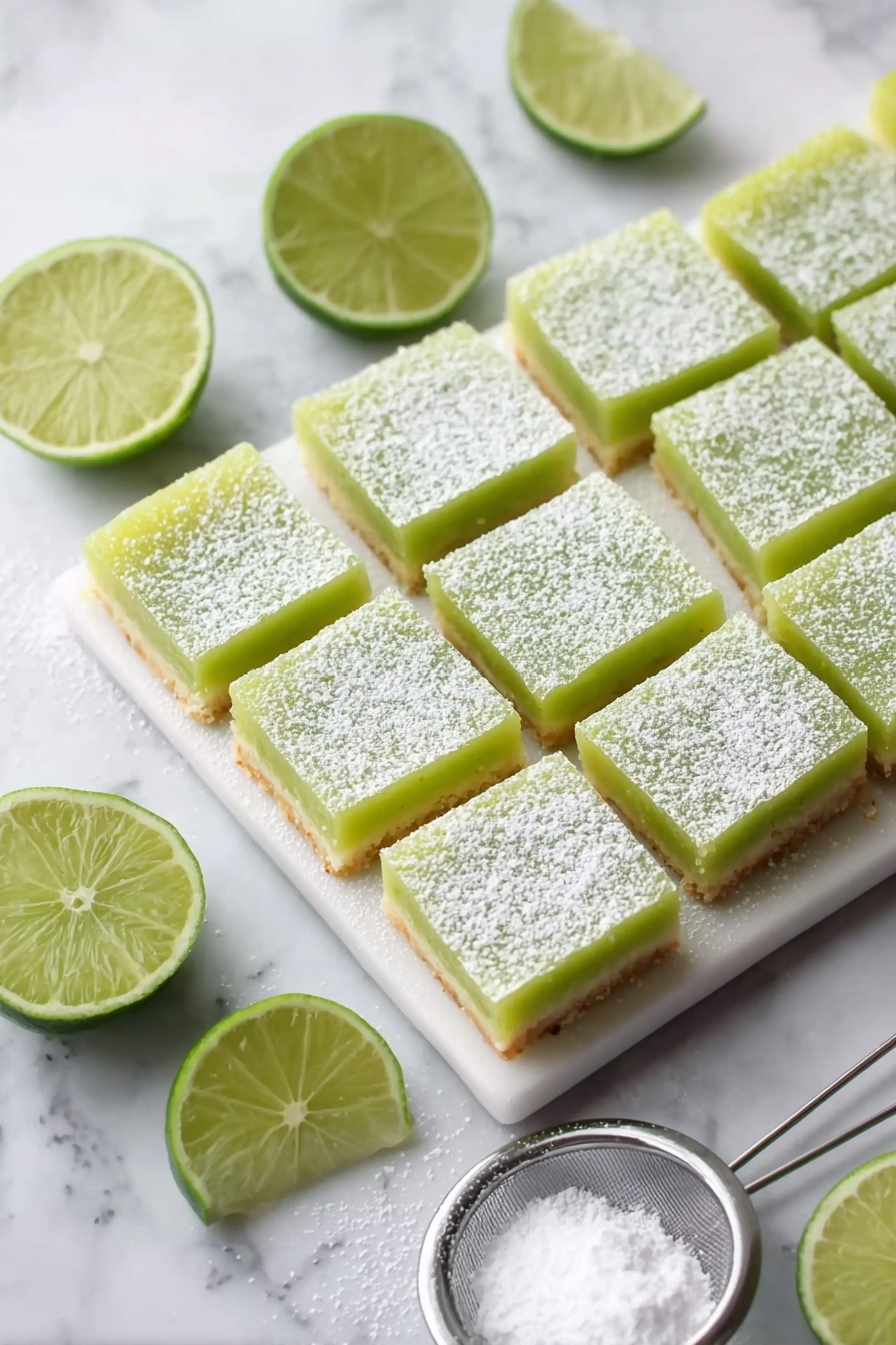 Lime Bars, Lime Bars Recipe, Tangy Lime Bars, Easy Lime Bars, Summer Lime Desserts - A white plate with a neatly arranged tray of lime squares, cut into small square pieces. The dessert has two layers: a thin golden brown crust at the bottom and a thick, smooth, light green lime filling on top. The lime layer is dusted lightly with powdered sugar. Around the plate are fresh lime wedges showing the bright green inside, and a small sieve with powdered sugar. The plate is placed on a white marbled surface. photo taken with an iphone --ar 2:3 --v 7