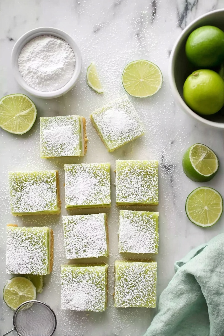 Lime Bars, Lime Bars Recipe, Tangy Lime Bars, Easy Lime Bars, Summer Lime Desserts - The image shows nine square lime bars arranged in three rows on a white marbled surface. Each bar has a light green layer with a dense texture, topped with a light dusting of white powdered sugar that creates a soft, snowy effect. Next to the squares is a small white bowl filled with white powdered sugar and a metal sifter resting on the surface. On the left edge, there are thin wedges and a half slice of fresh lime, adding a hint of bright green. To the right, there is a white bowl filled with whole green limes and a lime half resting nearby, along with a light green cloth napkin partially visible. The photo taken with an iphone --ar 2:3 --v 7