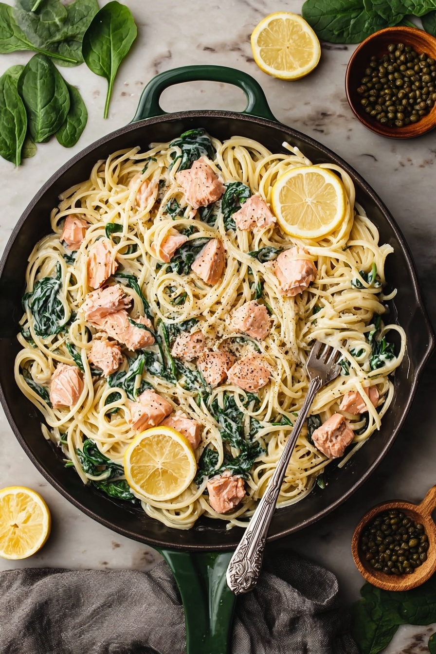 Creamy Salmon Pasta, creamy salmon pasta recipe, easy salmon pasta, salmon pasta with lemon and capers, luxurious seafood pasta - A skillet filled with creamy pasta, showing about three layers: a base of light yellow spaghetti noodles intertwined with bright green spinach leaves, creamy white sauce coating the pasta evenly, and scattered pieces of cooked pink salmon chunks with black pepper on top. There are three thin slices of lemon placed on one side of the skillet. A silver fork rests inside the pasta on the right side. The skillet is a dark cast iron with a green handle, set on a white marbled surface with spinach leaves, lemon slices, and a small bowl of capers around it. A grey cloth is partly visible beside the skillet. photo taken with an iphone --ar 2:3 --v 7