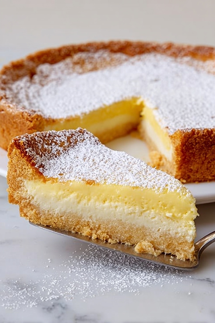 Ooey Gooey Cream Cheese Cake, easy cream cheese cake recipe, decadent cream cheese dessert, how to make gooey cream cheese cake, best cream cheese cake for gatherings - The image shows a tart with two layers: a thick, crumbly golden-brown crust on the bottom and sides, and a smooth, pale yellow creamy filling on top. The top of the tart is dusted with a light layer of powdered sugar. A slice is being lifted from the tart with a silver spatula, revealing the filling's soft texture and the crust’s firm structure. The tart is on a white plate, placed on a white marbled surface. Photo taken with an iphone --ar 2:3 --v 7
