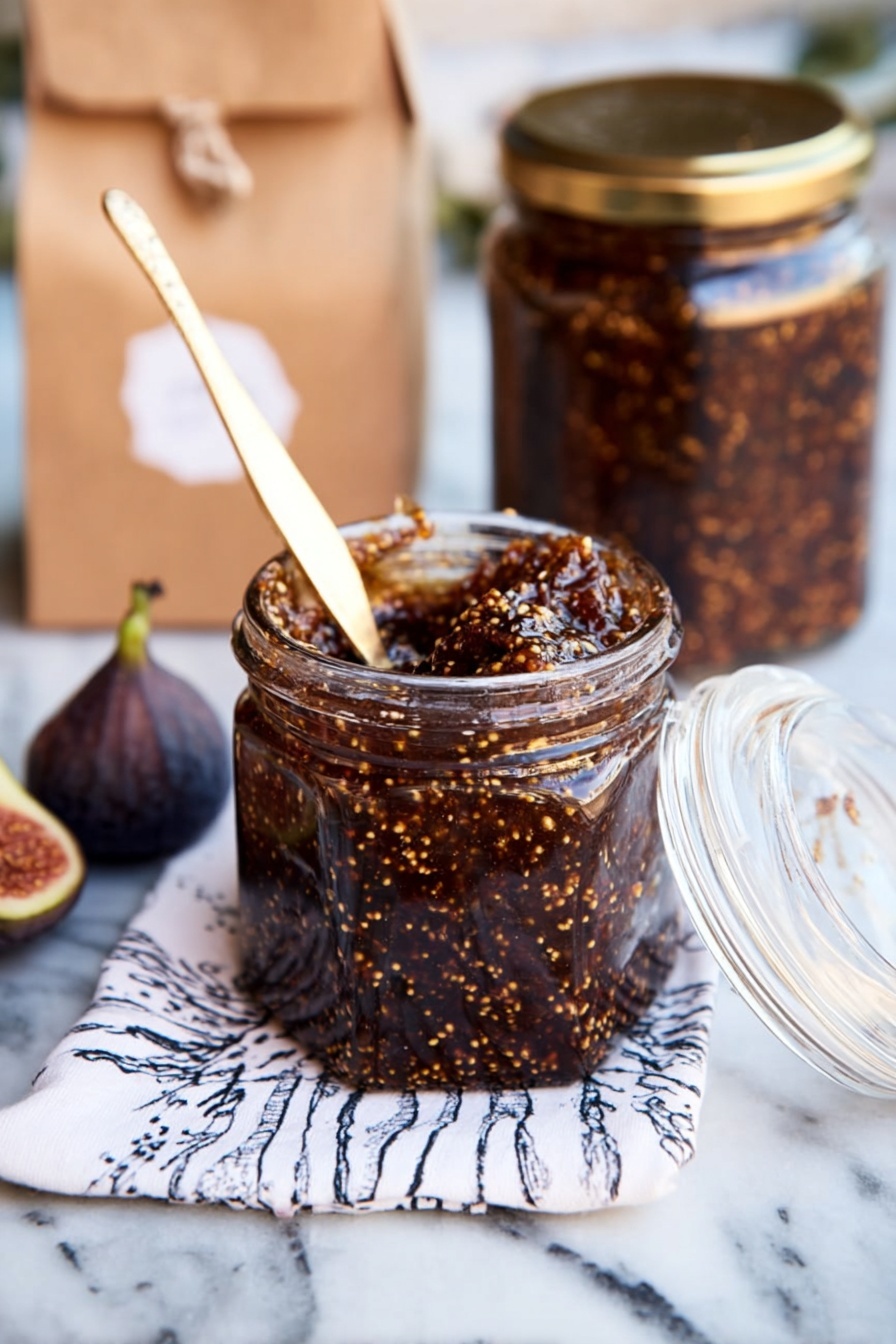 Easy Fig Chutney, fig chutney recipe, homemade fig chutney, sweet and tangy chutney, quick fruit chutney - The image shows a small glass jar filled with dark brown fig jam mixed with visible yellow seeds spread throughout. A gold butter knife rests inside the jar, coated with the jam, and the jar's glass lid is open and resting to the side. Behind the jar, there is another similar jar also filled with fig jam. On the left, two whole dried figs lean against a brown paper bag with a small label. The scene sits on a white marbled surface with a white cloth that has black and blue patterns under the jar. The photo taken with an iphone --ar 2:3 --v 7
