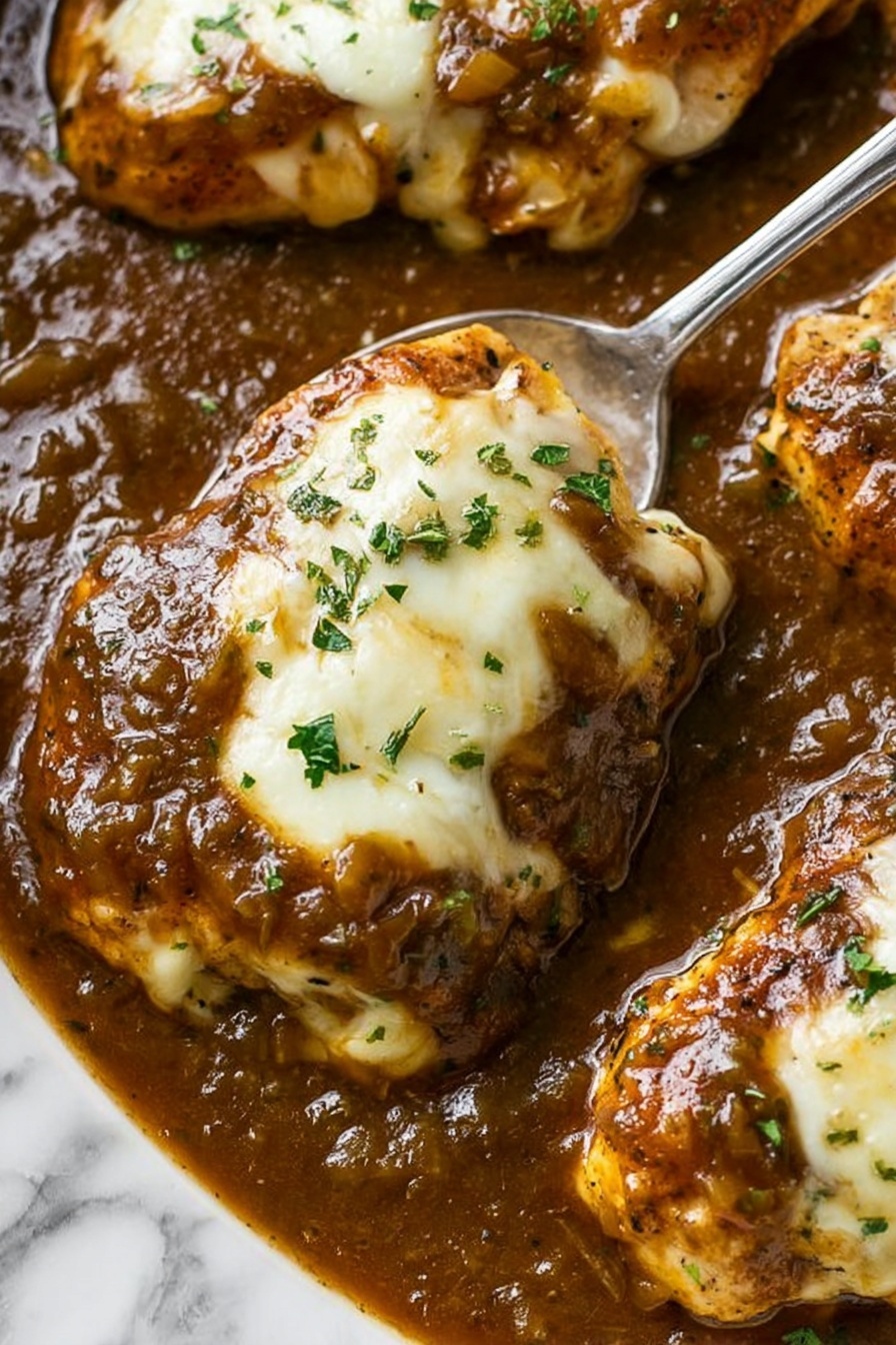 French Onion Chicken Bake, French Onion Soup Chicken, Baked Chicken with Caramelized Onions, Easy French Onion Chicken, Comforting Chicken Bake - The image shows several pieces of golden-brown cooked chicken covered in melted white cheese on top. The chicken is smothered in a thick, dark brown sauce with visible small bits of onion and herbs, giving it a rich and shiny texture. The sauce pools around the chicken, making the dish look moist and flavorful. Small green parsley pieces are sprinkled across the top for color contrast. A silver spoon is slightly dipped into the sauce near the top right corner. The whole scene is set against a white marbled texture background. photo taken with an iphone --ar 2:3 --v 7