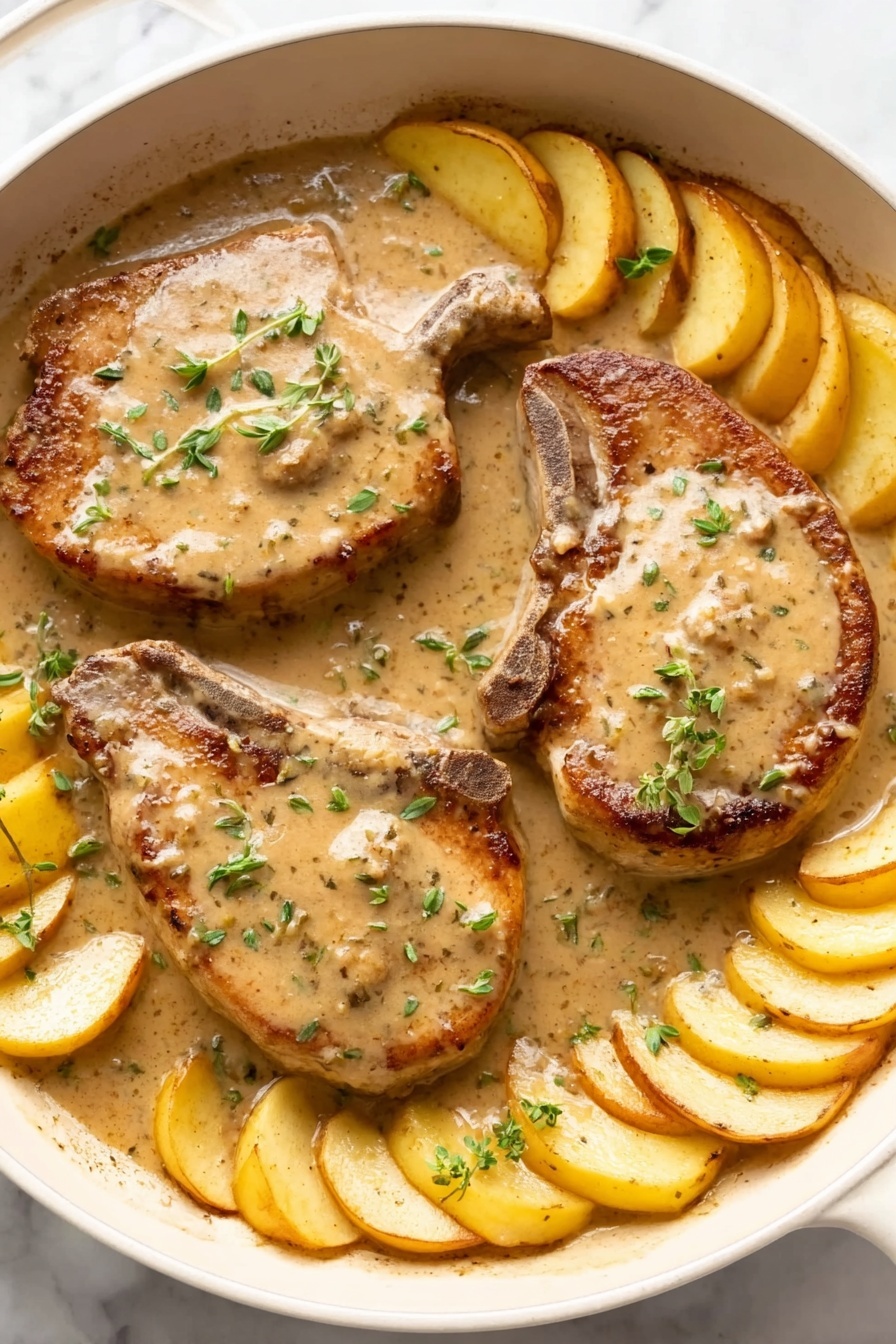 Apple Pork Chops with Balsamic Sauce, pork chop recipes with apples, easy pork chop dinner ideas, savory apple pork recipe, balsamic pork chop skillet - A white pan holds three pork chops covered with a creamy light brown sauce sprinkled with small green herbs. Around the pork chops, there are curved, golden yellow apple slices arranged in a ring touching the edge of the pan. The sauce looks smooth and thick, lightly coating the meat and apples. The whole scene is set on a white marbled surface. photo taken with an iphone --ar 2:3 --v 7