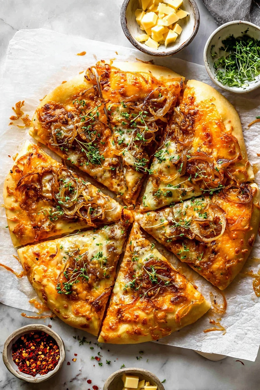 Pumpkin and Gouda Pizza, Pumpkin and Gouda Pizza, Fall Pumpkin Gouda Pizza, Cheeseburger Pumpkin Pizza, Seasonal Pumpkin Gouda Pizza - A round pizza cut into eight slices rests on parchment paper over a white marbled surface. The pizza has a golden brown crust with a thick layer of melted light yellow cheese on top. There is a vibrant orange sauce spread unevenly in patches beneath the cheese. Thin, soft caramelized onions with a light brown color are scattered generously across the entire pizza. Fresh green herb bits are sprinkled lightly over the pizza’s surface. Around the pizza, small bowls hold red chili flakes, fresh green herbs, and chunks of yellow cheese. The photo taken with an iphone --ar 2:3 --v 7